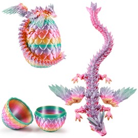 3D Printed Dragon Egg 12" Winged Dragon Inside with Articulated Horn, Rainbow Fidget Sensory Toy, Birthday Party Gift, Flexible Desk Companion, Easter/Christmas Surprise Stuffers (Random Candy Color)