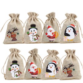 CCINEE 36pc Christmas Linen Bags with Drawstrings Christmas Burlap Goody Gift Bags with Double Jute Drawstrings, 4 designs Snowman, Santa Claus, Penguin and Elk