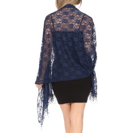 Sakkas 1929 - Mari Women's Large Lightweight Soft Lace Scarf Wrap Shawl Floral and Fringe - Style2-Navy - OS