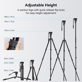 SmallRig CT210 Video Tripod, 75" Video Camera Tripod Monopod with +/-15° Leveling Base Fluid Head, Professional Camera Tripod Compatible with Video Camera, DSLR, Camcorder-4475