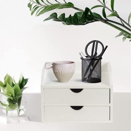 ROSE BLOOM White Wood Desk Organizer with 2 Drawer, Mini Cute Cabinet with Storage Shelf for Tabletop, Small Desktop Box Organizer for Vanity Office Supplies