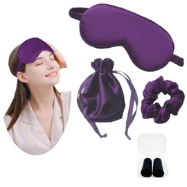 JK Home Silk Eye Mask Travel Set with Pouch Earplug and Hair Scrunchies, Satin Sleep Mask Soft Eye Cover Eyemask for Women Men Blackout with Elastic Strap for Night Travel Nap Burgundy