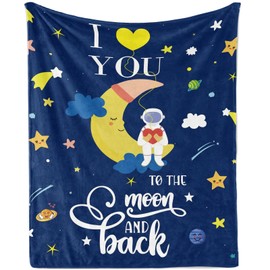 Jobkoo I Love You to The Moon and Back Blanket, Astronauts Cartoon Blanket Gifts for Boys Son, Moon Starry Sky Night Print Blanket, Outer Space Universe Theme Navy Throw for Baby- 130 ×100CM
