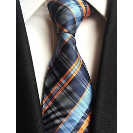 Kihatwin Men's Gingham Check Stripe Ties Pattern Business Formal Designer Neckties 3.15" (One Size, Orange Navy Blue)