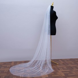 WEZTEZ Bridal Veils Beaded Edge Wedding Veil,1 Tier Pearl Crystal Edge Fingertip Length Short Bride Veil With Metal Comb