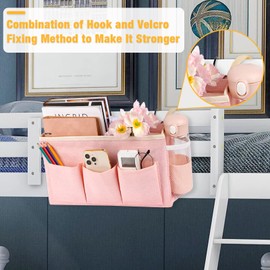 Lilithye Bedside Organizer with Fixed Straps and Water Bottle Holder for Home, College, Dorm, Bunk, Hospital, Crib, Bed Rails - Pink