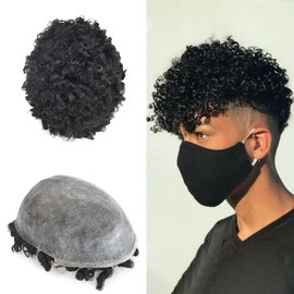 Healthlif Mens Toupee Curly Human Hair Mens Hair System Wavy Kinky Mens Hairpieces And Toupees Full Poly Thin Skin Hair Piece Men Hair Replacement System (20MM afro wave-8"x10", #1 JET BLACK)