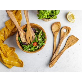 SOLTAKO Olive Wood Kitchen Utensils Set of 8 "Michelin Set" with Container, Cooking Spoon, Spatula, Salad Servers, Soup Ladle Made of Olive Wood