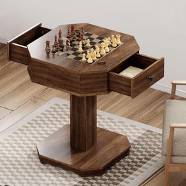 SogesPower Chess Checker Game Table with 2-Drawers Storage, Game Board Table Checkers Combo Table for Family, Wooden Game Table in Walnut