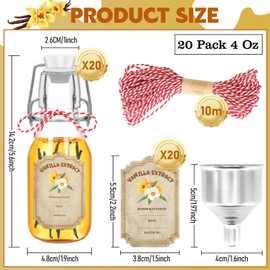 20 Pack Swing Top Glass Vanilla Extract Bottles 4 oz with Lids, Vanilla Extract Labels and Funnel, Glass Boston Vanilla Bottles for Syrup Gift, Flip Top Glass Bottles Jars for Vanilla Extract