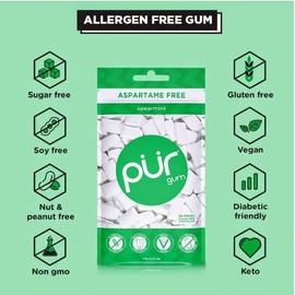 PUR Xylitol Chewing Gum SPEARMINT (55 Pieces, 3 Pack) Sugarless Vegan Dry-Mouth