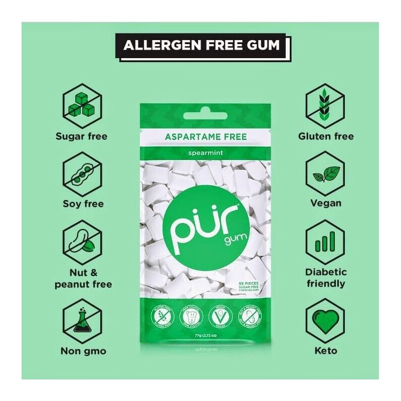 PUR Xylitol Chewing Gum SPEARMINT (55 Pieces, 3 Pack) Sugarless