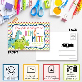 Dino-Mite Cute Dinosaur Themed Welcome Back To School Blank Postcards For Teachers To Send To Students, 4"x6" Fill In Notecards by AmandaCreation (30)