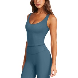 LASLULU Workout Tops for Women Longline Padded Sports Bra Sleeveless Crop Tank Tops Summer Exercise Compression Athletic Gym Shirts Casual Basic Tops(Grey Blue Small)