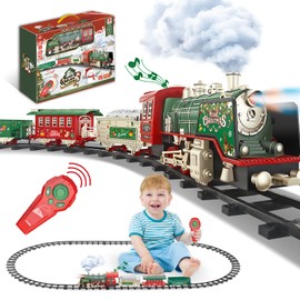 JUQU Train Set, Christmas Train with Remote Control Train Toys w/Smokes,Whistle & Lights, Christmas Train Sets for Around The Tree, Toy Train Sets for Boys, Model Trains Gifts for Age 3 4 5 6 7 8+Kids
