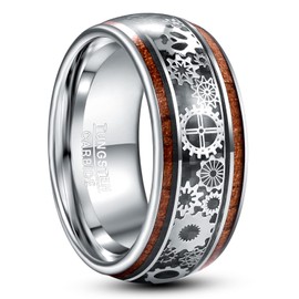 TUNGSTORY 10mm Mens Steampunk Rings Gear Wheel Koa Wood Inlay Tungsten Carbide Anniversary Ring Size 11.5