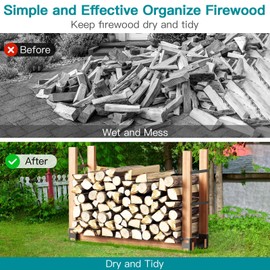 Eibikdi Firewood Rack Outdoor, Adjustable Length Wood Storage Brackets Kit, Log Stacking Stand Holder for Outdoor Indoor Fireplace, Wood Burning Fire Pits, Black, Set of 4