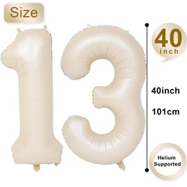 40 Inch Cream 13 Number Balloons, Self Inflating, Large Foil Mylar Helium Beige Digit Balloons for Boys Girls Birthday Party Anniversary Decorations