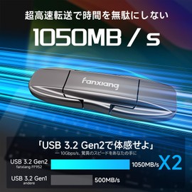 Fanxiang External SSD, 1 TB (Industry New), USB 3.2 Gen2 Compatible, Maximum Read 1,050 MB/s 10 Gbps, Portable, SSD, Flip-Cap, Ultra-Small, Compact Stick, For Video Recording, Game Data Storage, Shock