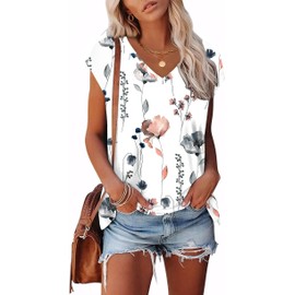 XIEERDUO Outfits for Women Short Sleeve Casual Cute Spring Tops V Neck White Flower Print Printed D XXXL