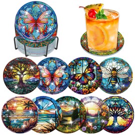 9PCS Stained Glass Diamond Painting Coasters with Holder, Diamond Art Coasters for Adults Kids Beginners, DIY Funny Drinks Coasters with Cork, Craft Sets Gifts for Women Girls Kids