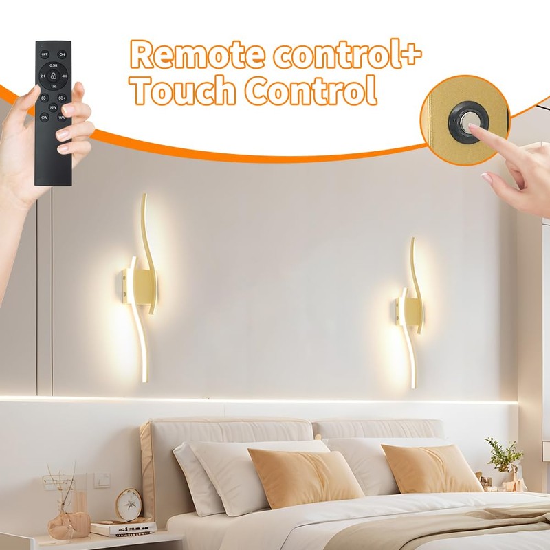 Battery Operated Wall Sconce Set of 2, Gold USB Rechargeable