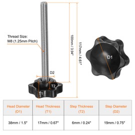 HARFINGTON 8pcs Star Knobs M8 x 100mm 304 Stainless Steel Threaded Stud 38mm Plastic 6-Star Head Hand Tightening Thumb Screw Clamping Jig Knob Handle, Black