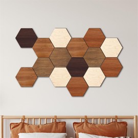 Wooden Hexagon Wall Decor, 15 Pcs Creative Removable Hexagonal Wall Stickers, DIY Modern Geometric Wood Wall Art Decor, 3D Wooden Hexagon Wall Tiles for Living Room, TV Background, Office, 5.9" x 5.1”