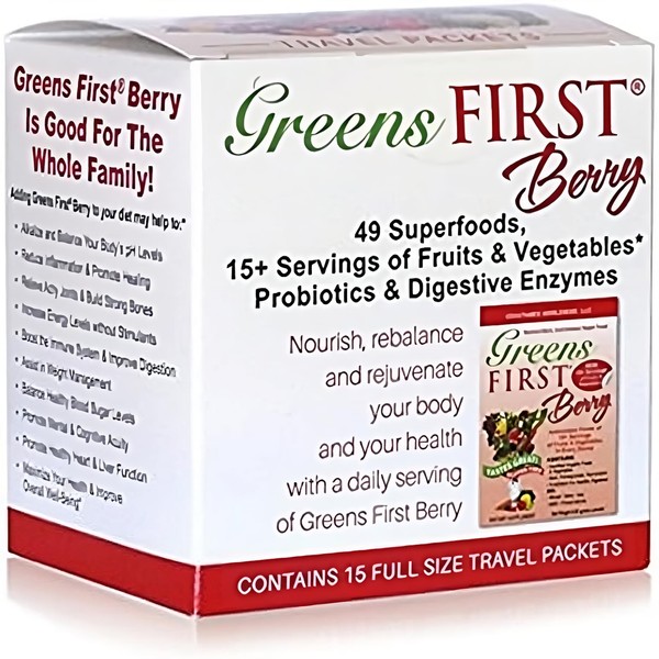 Greens First - Berry - Travel Packets - Greens Powder Superfood, 49 Superfoods, 15+ Organic Fruit & Vegetables, Antioxidant Smoothie Mix Supplement, Gluten Free, Dairy Free, Vegan & Non-GMO - 15 Count