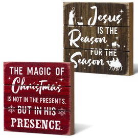 Rustic Christmas Sign Jesus is The Reason for The Season Decor Sign Decorative Wooden Wall Hanging Sign Jesus Snowflake Box Sign Rustic Farmhouse Table Centerpiece for Holiday Tiered Tray (Red, Brown)