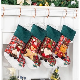 GEX 2024 New Christmas Stockings for Family 4 Pack Plush Dolls Plaid Green Christmas Stockings Ornament Fireplace Xmas Tree Holiday Decoration(Set of 4
