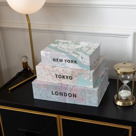 Soul & Lane Decorative Book Boxes with City Maps - Set of 3: New York, Tokyo, London - Faux Book Boxes for Storage and Decoration, Travel and Adventure Home Decor