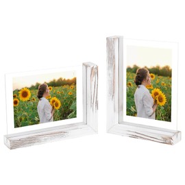 SUPAWAY Set of 2 Photo Frames Vintage Wooden Base Picture Frame L Shapes MDF Base Photo Frame with 2 Double-Sided Transparent Acrylic Plastic Film for 13 x 18 cm Photos Table Stand Horizontal Vertical