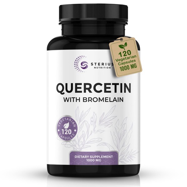Quercetin with Bromelain 1000mg per Serving, 120 Veg Capsules, Potent Antioxidant & Anti-inflammatory Properties, Powerful Immune Support Supplement for Cardiovascular & Joint Health