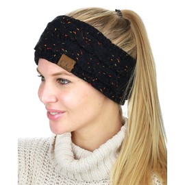 C.C Soft Stretch Winter Warm Cable Knit Fuzzy Lined Ear Warmer Headband, Confetti Black