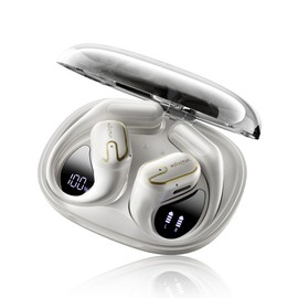 vnilrgle Open Ear Headphones 5.4 Bluetooth Sport Ear Buds with LED Digital Display IPX7 Waterproof, Wireless Earbuds Touch Control Air Conduction Stereo Sound with 18.2mm Drivers (Off White)