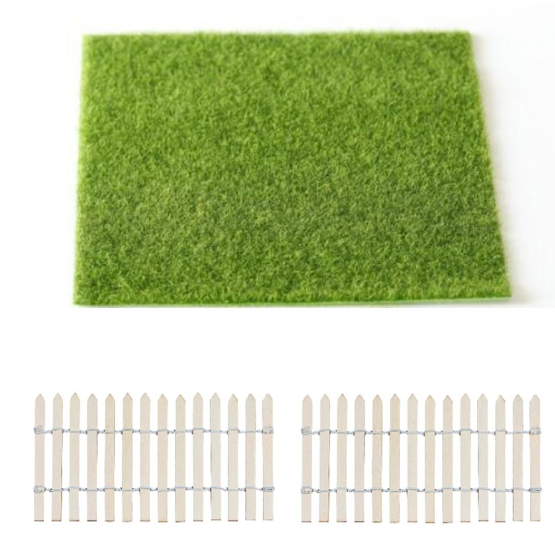 KARLOR Artificial Grass Set with Miniature Fences, Green, Garden Decor,