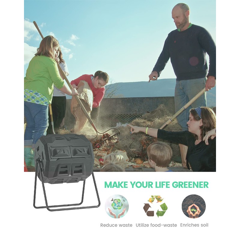 2021 Upgraded Tumbling Composter with Compost Thermometer - Dual Chamber