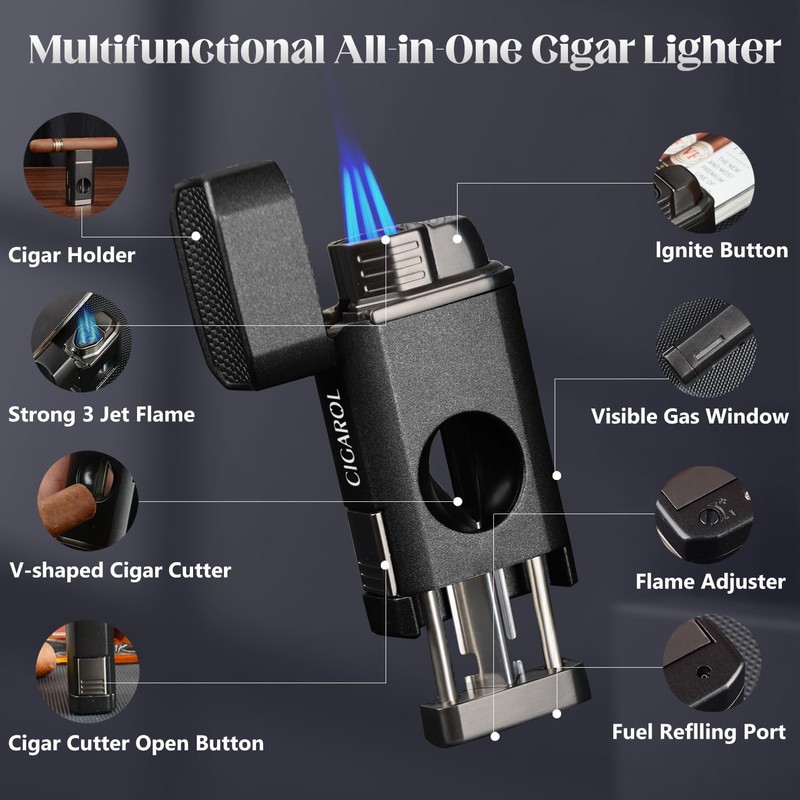 3 Jet Flame Cigar Lighter with Built-in V Cutter &