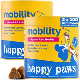 Happy Paws Mobility Hip & Joint Health Support for Dogs, Soft Chews with Glucosamine, Chondroitin, Msm, Green Lipped Mussel, Turmeric & Hyaluronic Acid, Organic, Vegan, Bacon Flavor, 200 Count