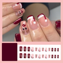 Caiguoer Pack of 24 Christmas False Nails Red Short Square False Nails Santa Snowflake Elk Press on Nails for Women (B)
