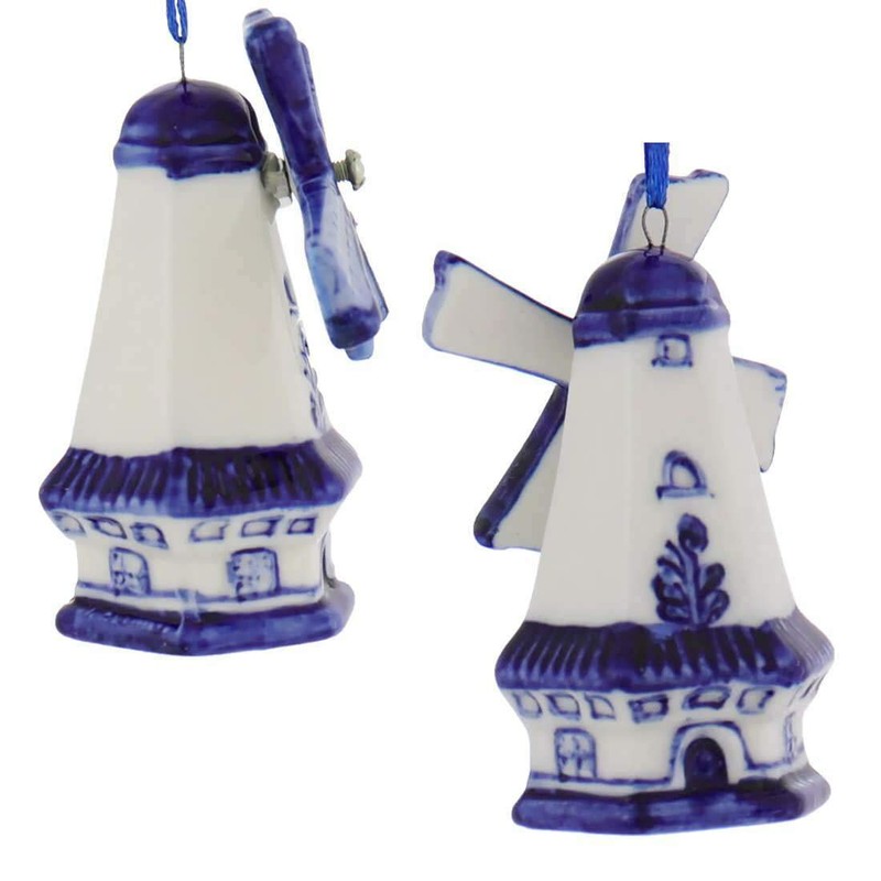 Kurt Adler Porcelain Delft Blue Windmill Ornament Set Of 3
