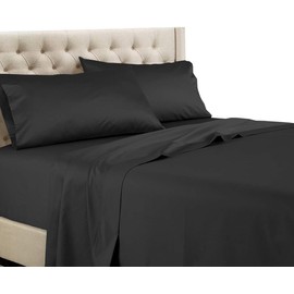 KRISHNA California King Waterbed Sheet Set, 4 Piece Attached Top & Bottom Sheets, 100% Egyptian Cotton, Ultra Soft & Breathable, Fits Up to 15 inch Deep Pocket Mattress, Solid Dark Grey