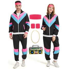 80s Tracksuit for Men Women 80s 90s Retro Windbreaker Outfit 80s Costume for Couples Track Suit 90s Color Bock Sportwear, Black, Large