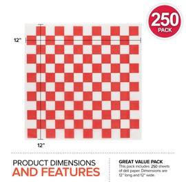 12” Deli Squares (250 Pack) - Red & White Checkered Deli Papers - Greaseproof Liners for Food Boats - Pre Cut Deli Sandwich Wrappers - Food Basket Sheets for BBQ, Picnic, Festival - Stock Your Home