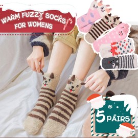 ProEtrade Womens Fuzzy Slipper Fluffy Socks Cozy Cabin Soft Winter Warm Fleece Thick Comfy Christmas Gift Stocking Stuffer Home Plush Socks(Rabbit & Dog & Fox)