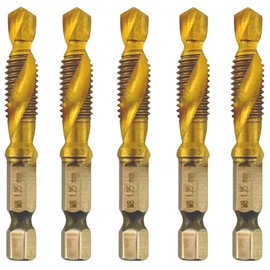 Rennie Tools - Pack Of 5 - M8 x 1.25 Combination Drill and Tap Bit, 1/4" Hex Shank. Metric Coarse Titanium Coated HSS Spiral Flute Drilling Tapping Tool. 8mm x 1.25mm Pitch Drill Bit.
