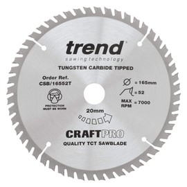 Trend Wood Cordless Circular Saw Blade, 165mm Diameter, 20mm Bore, 52 Teeth, TCT, 1.6mm Kerf, +15° Hook, CSB/16552T