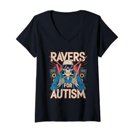 Womens Ravers for Autism Skeleton with Glowsticks EDM Music V-Neck T-Shirt