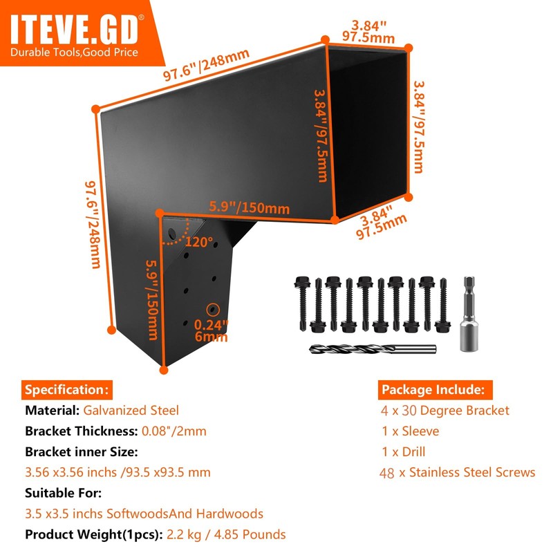 ITeVe.GD 30-Degree Angle Pergola DIY Bracket Kits,2-Way L-Shaped Woodwork Brackets
